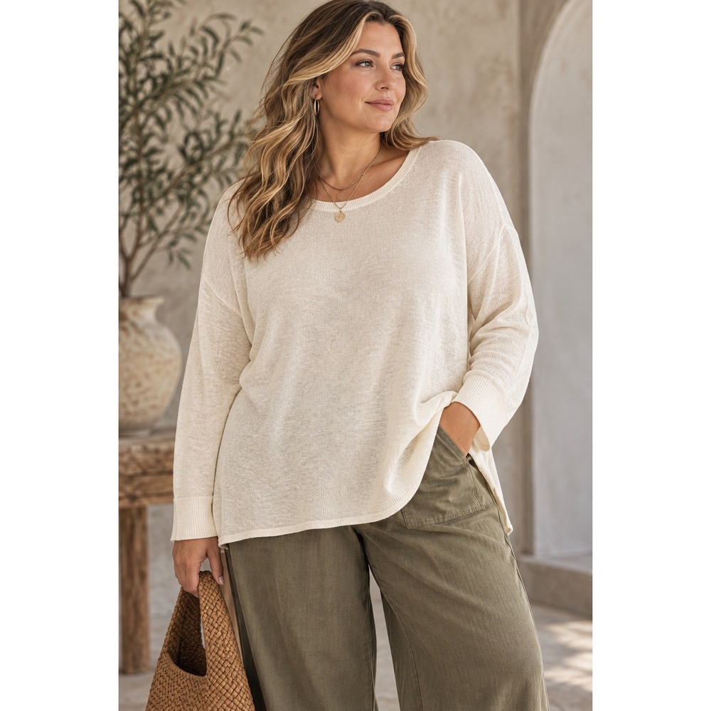 J.Crew Womens 2X Cream 100% Linen Long Sleeve Knit Sweater Relaxed Fit Pullover